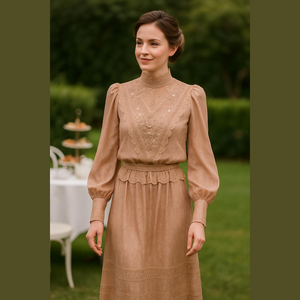 80s 2PC BY SUSAN PHILADELPHIA ROSE BROCADE & LACE BISHOP SLEEVE TOP & MIDI SKIRT